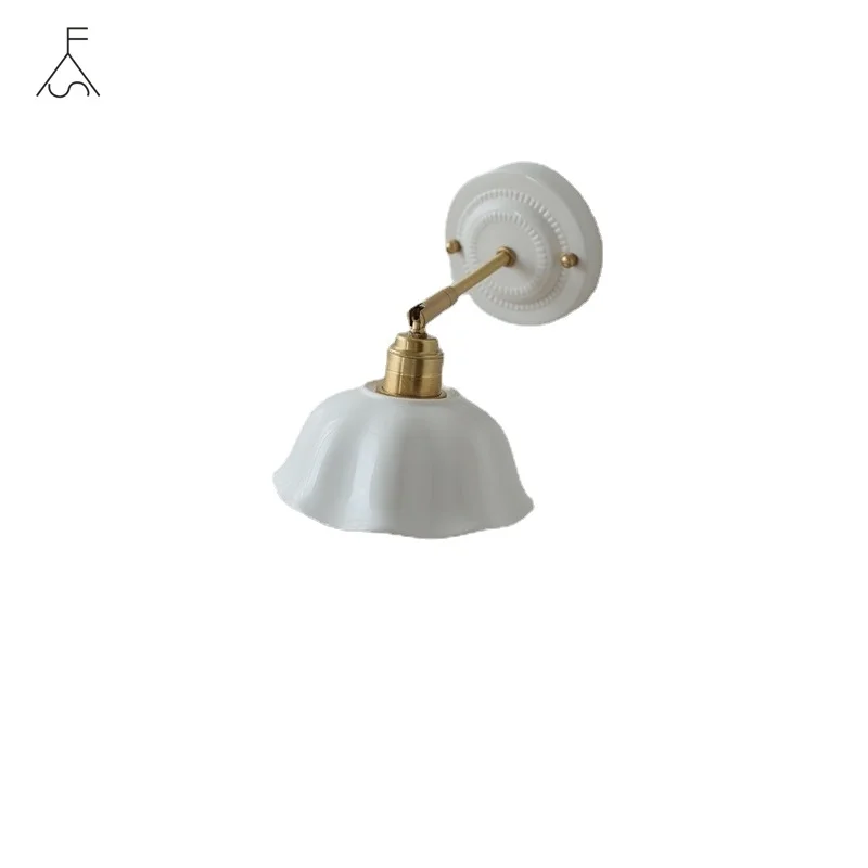 

IWHD White Ceramic LED Wall Light Fixtures Copper Arm Socket Bedroom Living Room Beside Lamp Modern Wandlamp Applique Murale