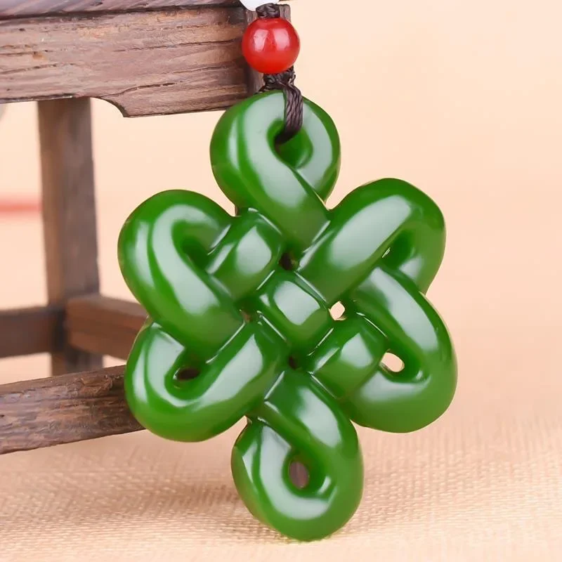 Chinese Green Jade Knot Hollow-out Pendant Necklace Charm Hand-Carved Woman Luck Gifts Amulet pendant necklace