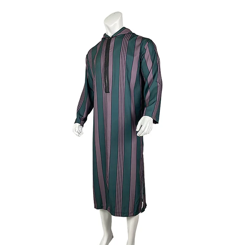 2023 Men\'s Islamic Arabian Patchwork Striped Hooded Zipper Muslim Robe Autumn Streetwear Casual Loose Arabian Islamic Robe