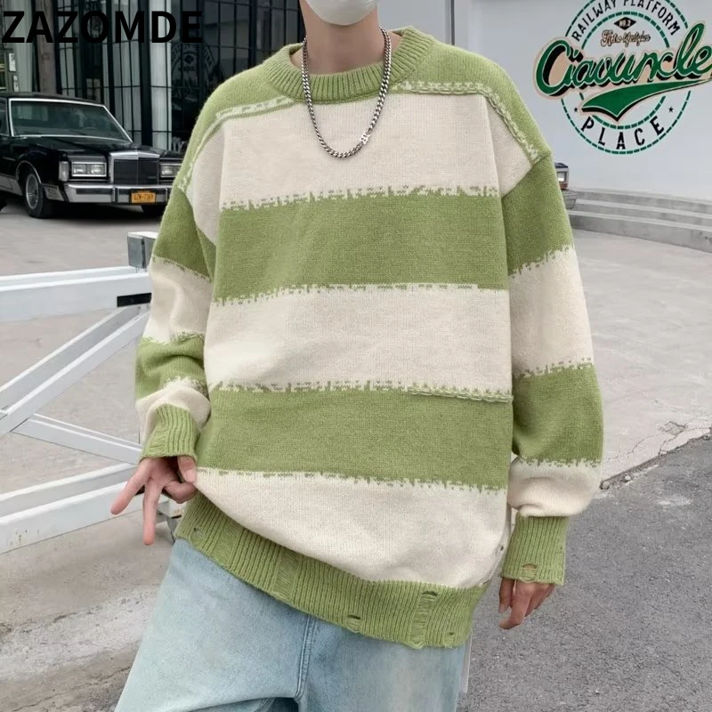 

ZAZOMDE Striped Harajuku Oversized Sweater Autumn Japanese Style Round Neck Spliced Color Loose Couples Hip Hop Knitted Sweaters