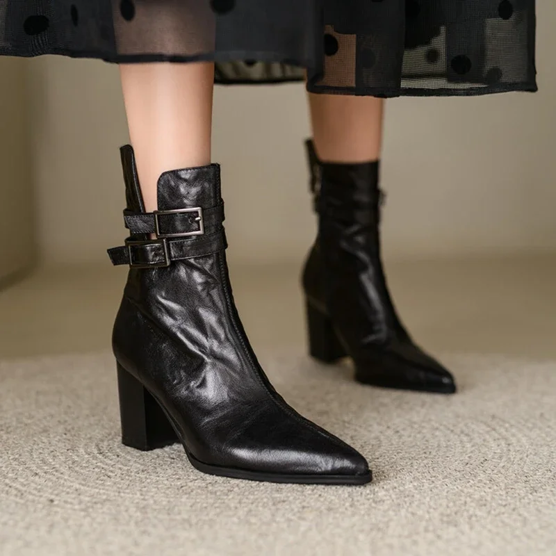 

NEW Autumn Women Boots Pointed Toe Chunky Heel Boots Split Leather Shoes for Women Short Modern Boots Winter Belt Buckle Boots