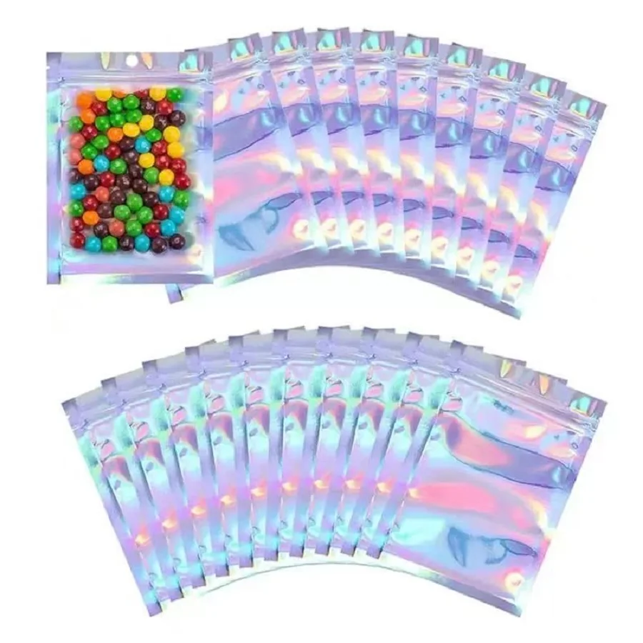100 Stück geruchsdichte Beutel, Mylar-holografische wiederverschließbare Beutel, Folienbeutel, Druckverschlussbeutel für Partygeschenke, Lebensmittelaufbewahrung, Schmuckverpackung – Detail 6