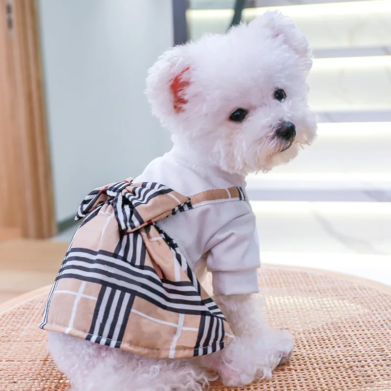 Bowknot Dog Shirt With Stripe Skirt Fashion Casual Pet Summer Spring Clothes Comfortable Black White Cat Dress Outfit Apparel