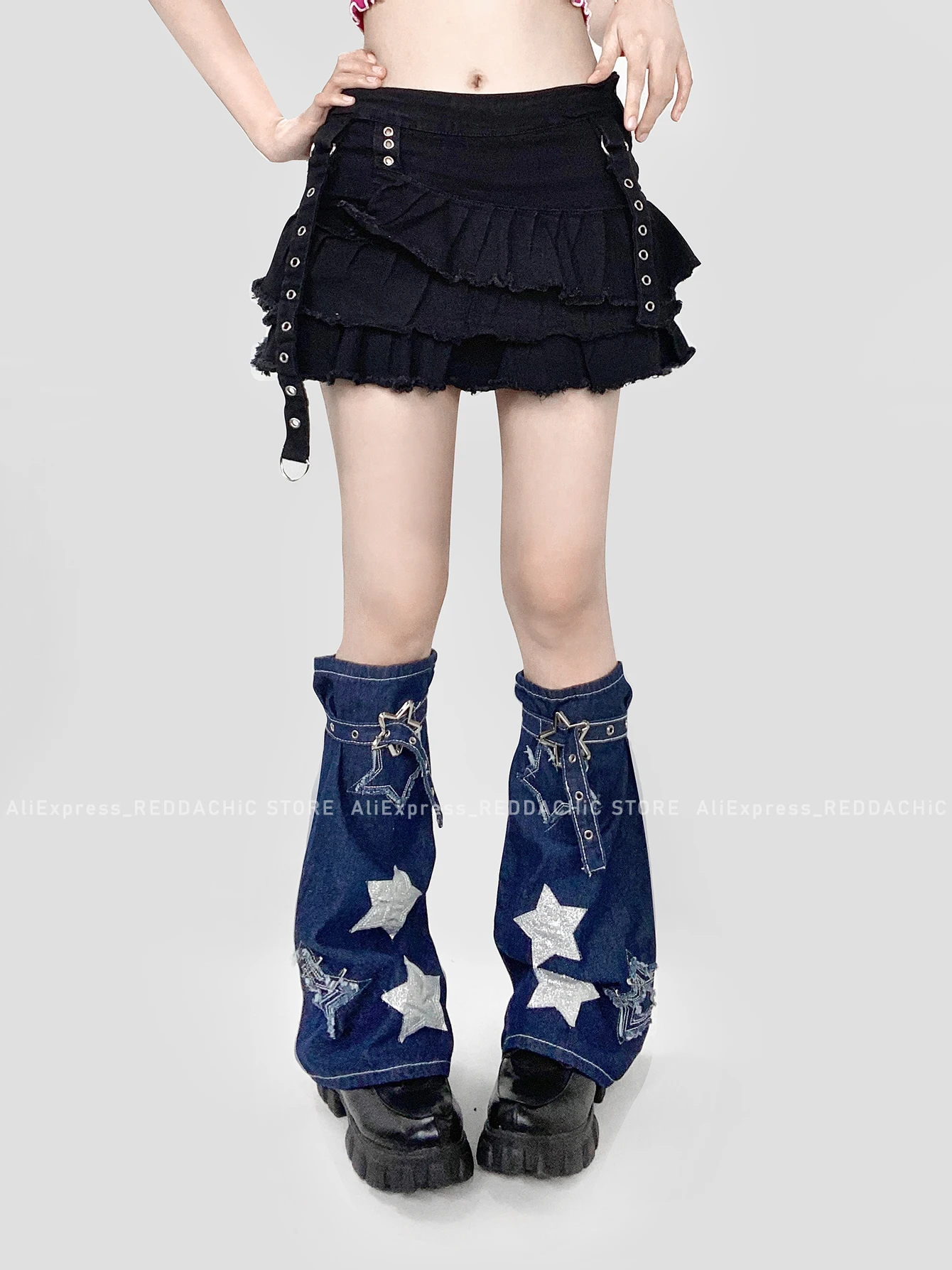 REDDACHiC Vintage Blue Glitter Star Women's Gaiter Denim Leg Warmers Bandage Belt Knee-long Boots Cover Grunge Y2k Streetwear