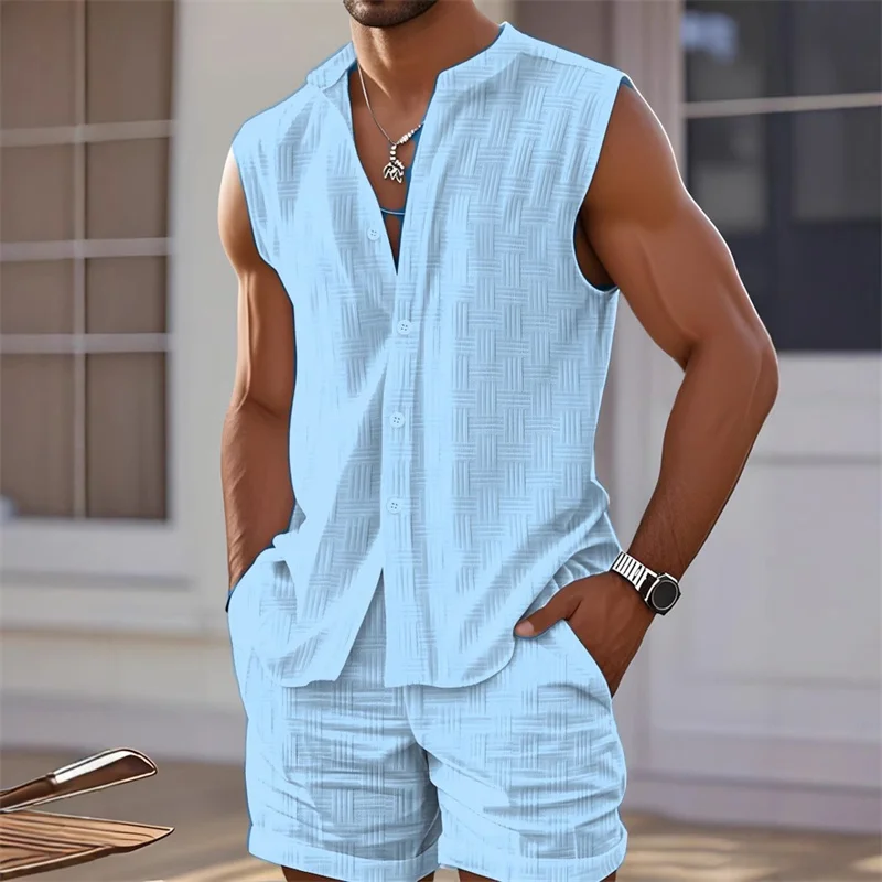 2025 New Men's Vest Shirt, Sleeveless Top and Shorts Plaid Two-Piece Set, Casua…