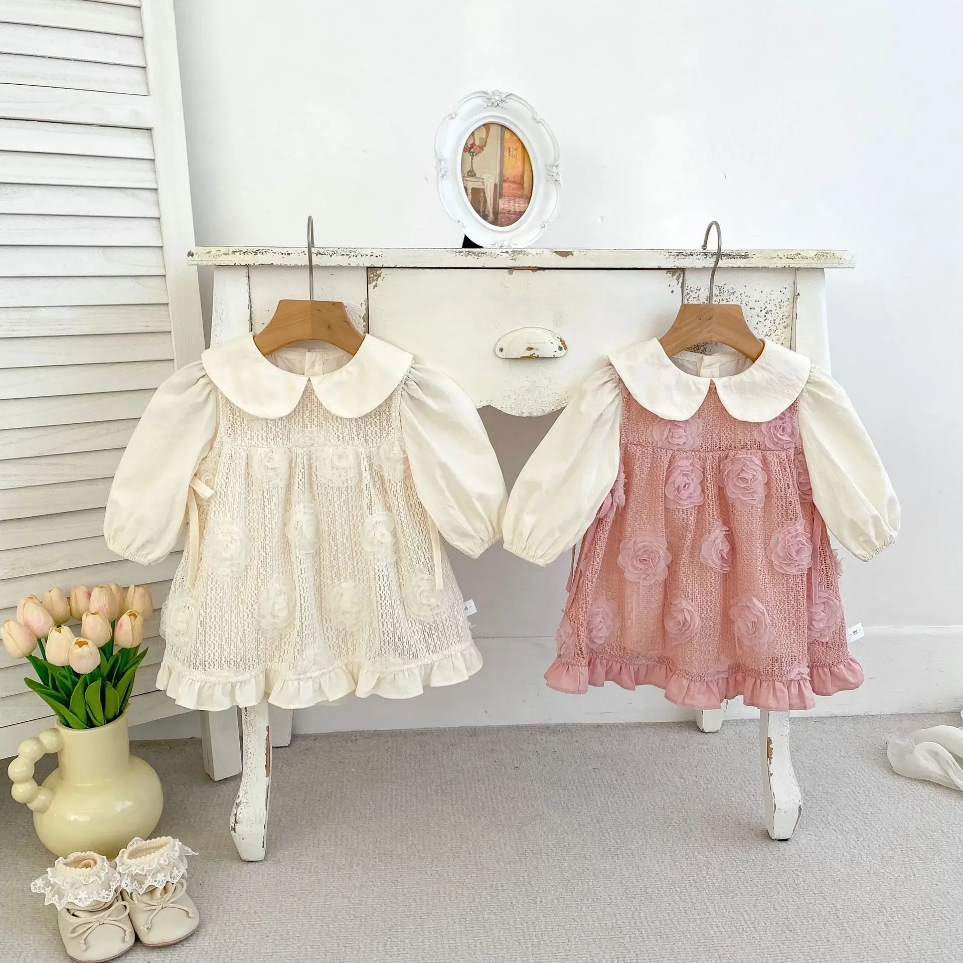 Autumn Sweet Baby Girl Detachable Flower Mesh Sleeveless Bodysuit Crawler Clothes round Neck Romper Cotton Baby Outfit