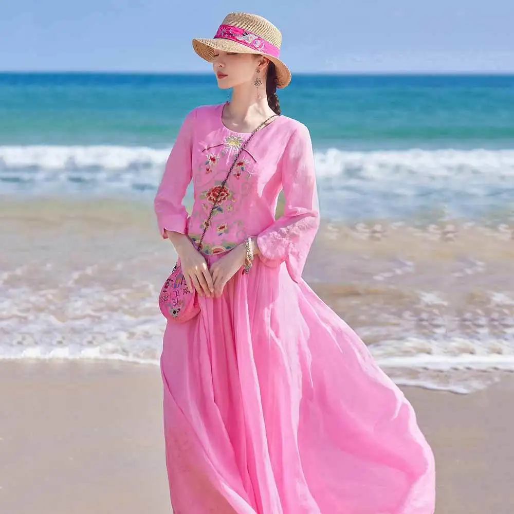 

2023 summer new fashion style loose chinese national embroidery flower half sleeve elegant dress retro long skirt for women g888