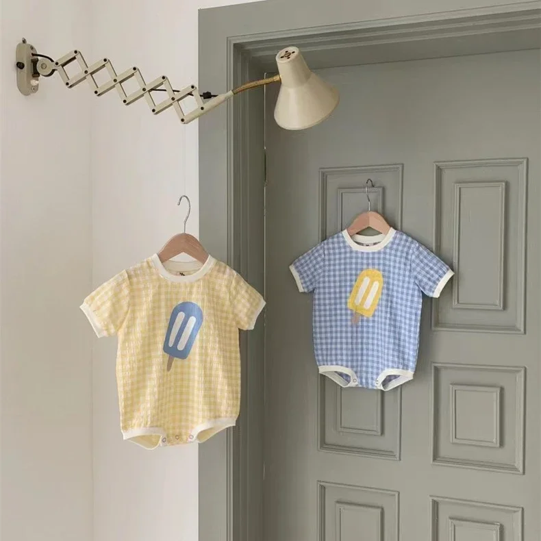 Newborn Baby Girls Boys Short Sleeve Plaid Ice Cream Print Jumpsuits Toddler Cotton Thin Clothing Infant Kids Bodysuits 유아복 3