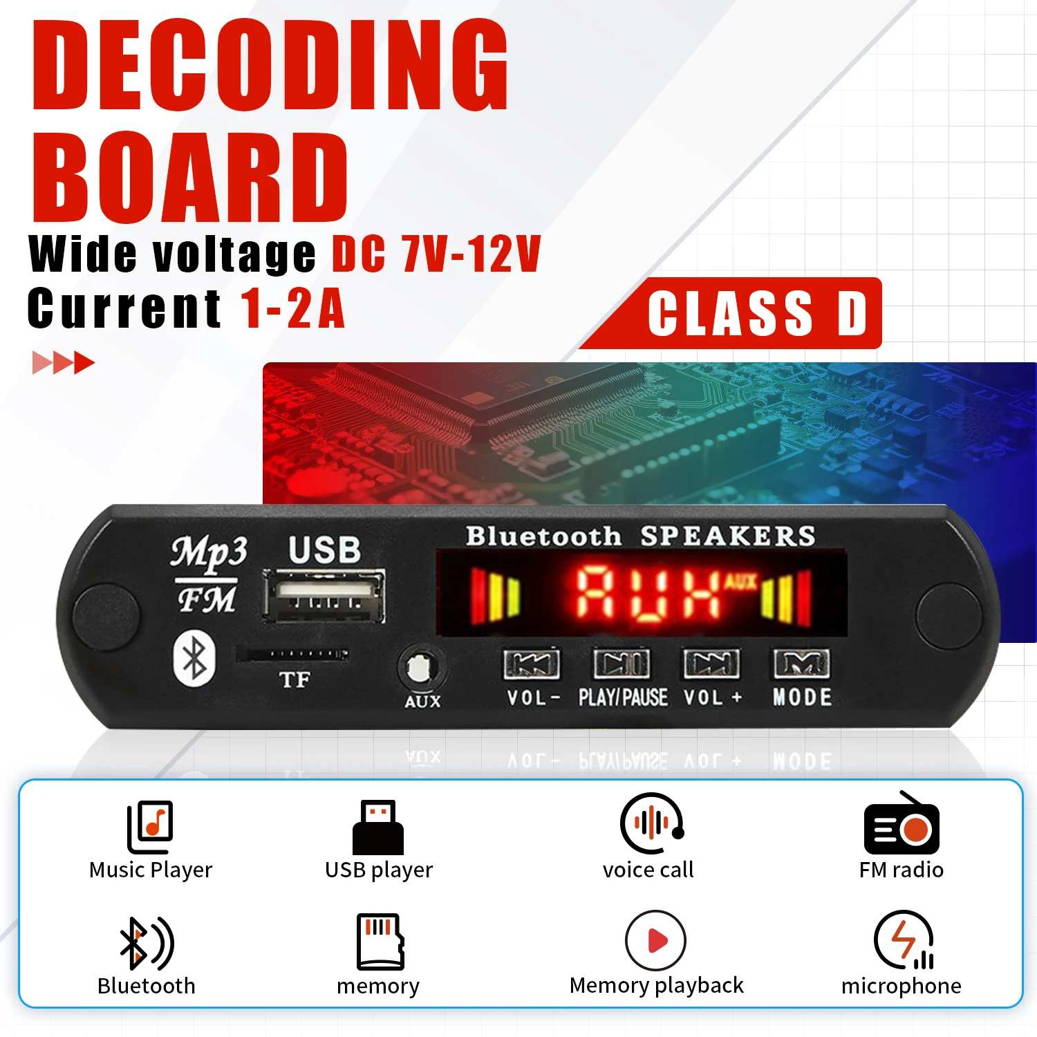 Placa decodificadora de MP3 y WAV para coche, reproductor de música inalámbrico con Bluetooth 5,0, cc 12V, USB, ranura para tarjeta TF, FM, AUX, Micrófono, control de manos libres