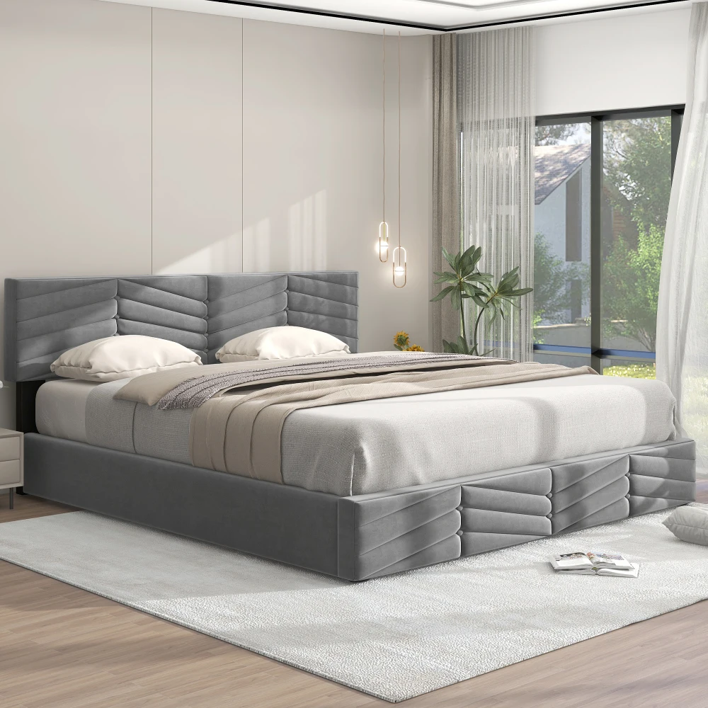 Gepolstertes Doppelbett, hydraulisches Funktionsbett, Samt, Streifenstil, kontinentales Bett, höhenverstellbares Kopfteil, 140 x 200 cm – Detail 6