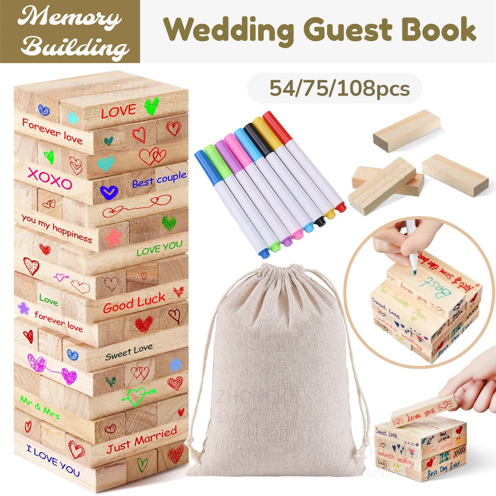 Wedding Guest Book Alternative Wooden Blocks 54-108pcs for Guests to Sign for Wedding Guest Book