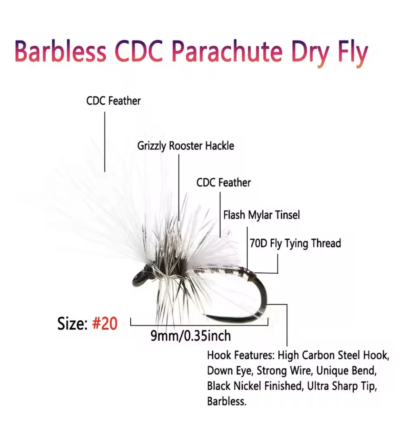 5 Stück # 20 barbless CDC Parachute Dry Fly Rooster Hackle künstliche Emeger-Insektenköder für Forellen-, Schwalben-, Barsch- und Bass-Angeln – Detail 4