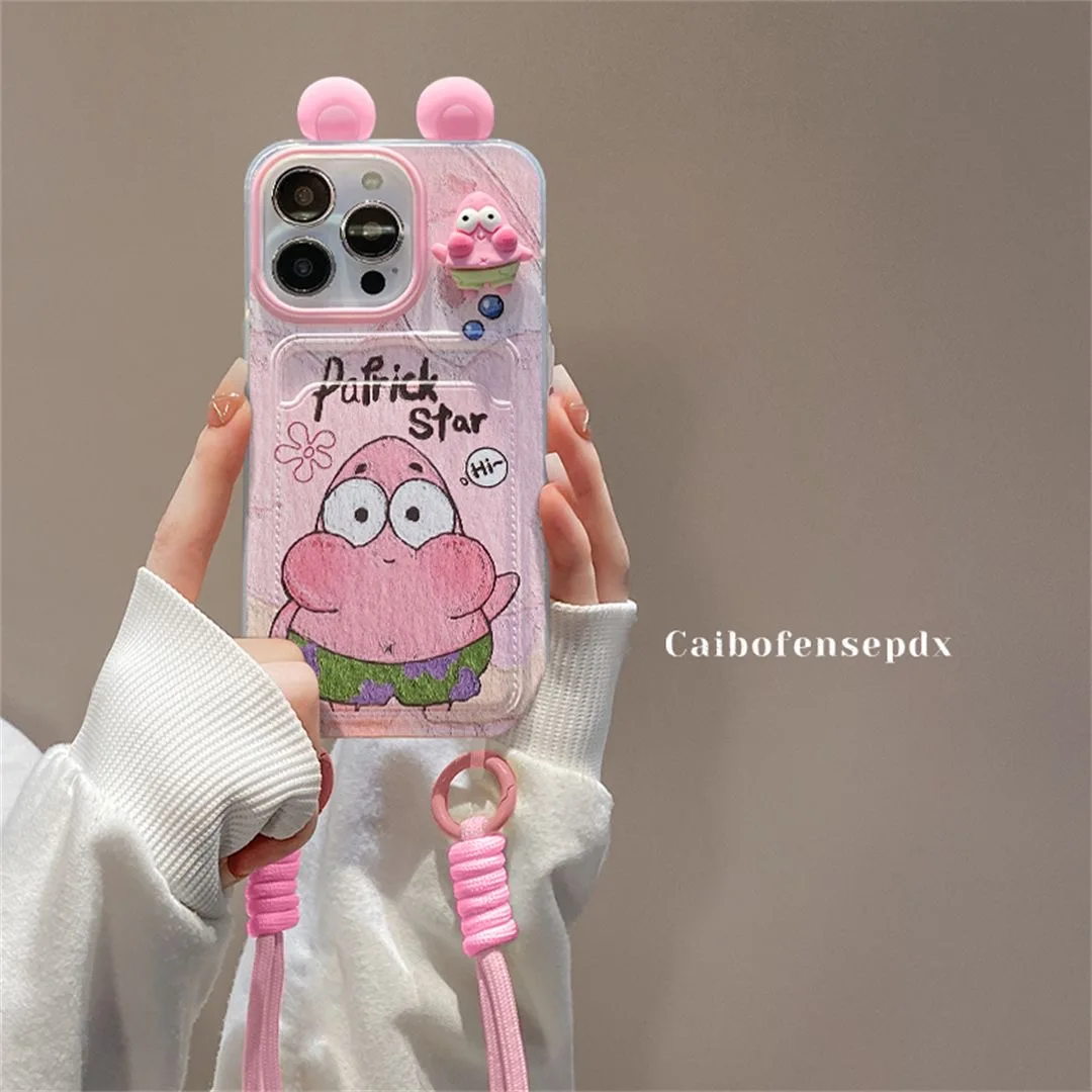 Patrick Star Cartoon Soft Phone Case with Pothook Card Holder and Lanyard