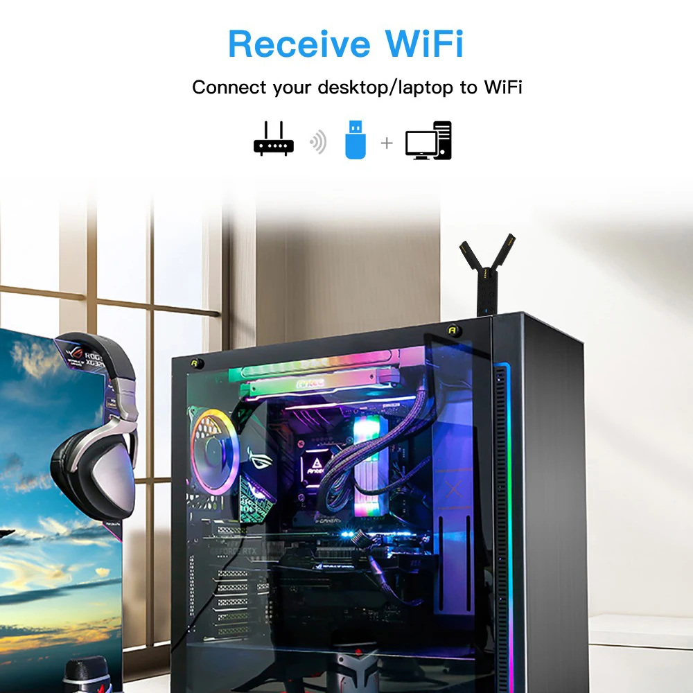 WiFi 7 BE5400 USB 3.0 무선 어댑터 2.4GHz/5GHz/6GHz 네트워크 카드 Wi-Fi 고출력 안테나 PC/노트북용 Win10/11 드라이버 불필요