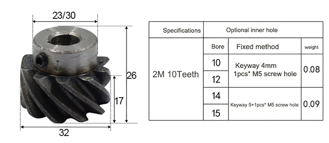 Description Picture 5 of item1pcs 2M 10-15 Teeth 45 Degree Left Helical Gear Staggered Gear Bore 10mm 12mm 14mm 15mm 17mm 19mm Machinery Transmission Parts