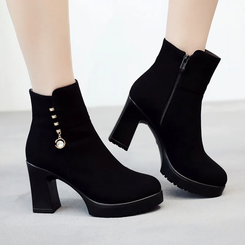 High quality short ankle suede leather boots for women 8.8cm high heel platform 2023 autumn winter 33 42 43 elegant shoe black