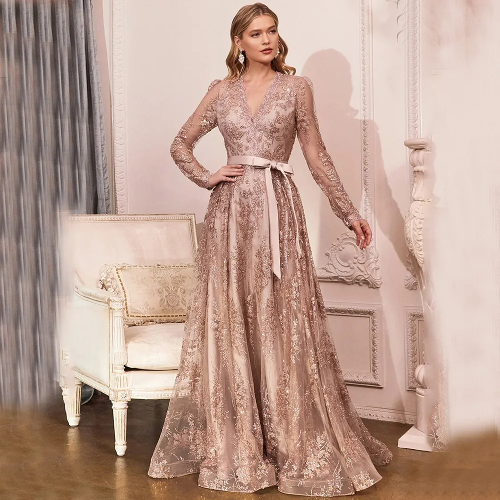 

Elegant Rose Gold Mother of the Bride Dresses Bow Belt V-Neck Illusion Long Sleeve A-Line and Floor Length Banquet Mom Gowns