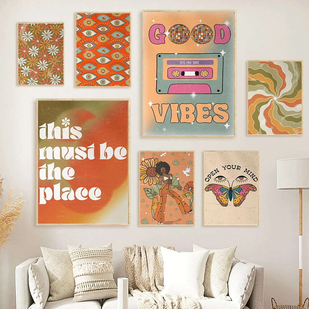 

70s Flower Psychedelische Disco Art Poster Fashion Vintage Orange Butterfly Colorful Canvas Painting Room Home Decor No Frame
