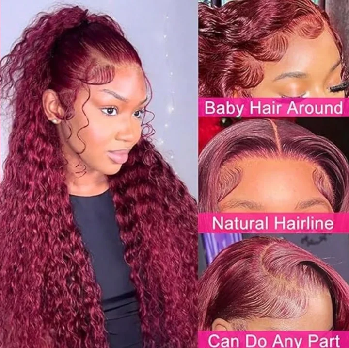 34 Inch Burgundy 99j Deep Wave Frontal Wig Colored Curly Human Hair Wigs 200 180 Density 13x4 Hd Lace Frontal Human Hair Wigs 4