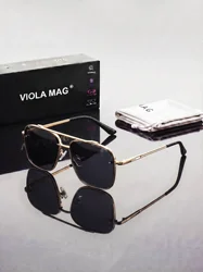 Luxury Retro Double Bridge Aviator Sunglasses - Premium Fashion Designer Square Shades with Protective Case (Golden Gray)