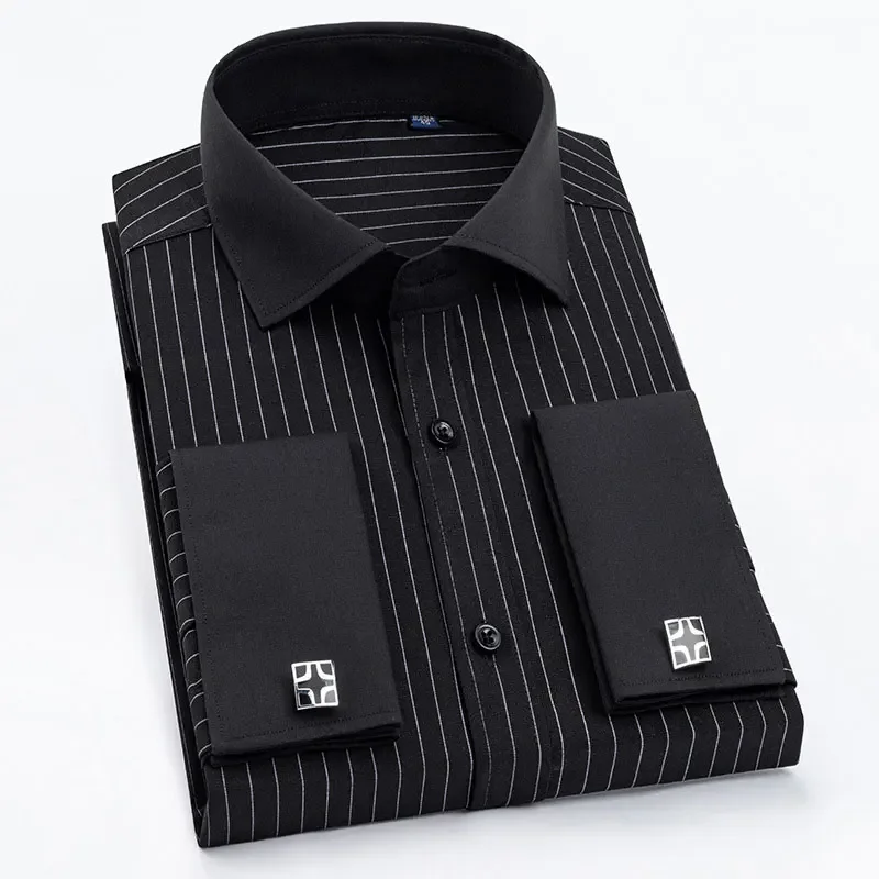 2024 Luxury Men‘s Long Sleeve French Cuff Striped Dress Shirts Regular Fit Classic Formal Business Cufflinks Work Tuxedo Shirt