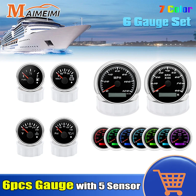 Juego De 5 Instrumentos GPS Para Coche O Moto - Velocímetro 120 Mph 85mm + 4 Calibres 52mm - 12/24V