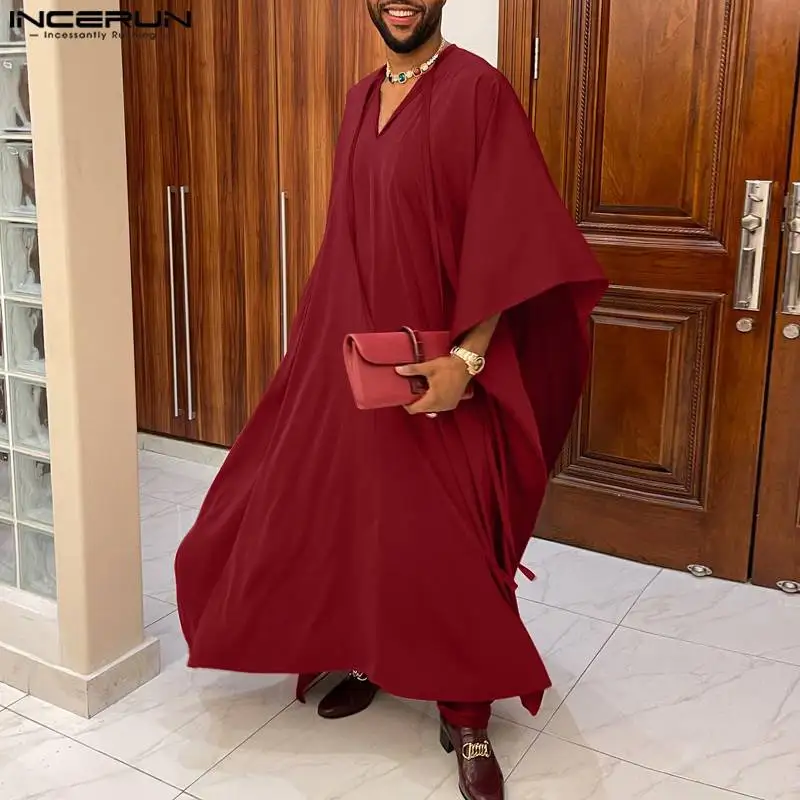 

INCERUN 2023 Muslim Style Men Robe Leisure Simple V-neck Lace Design Robe Fashion Male Solid Comfortable Short Sleeve Robe S-5XL