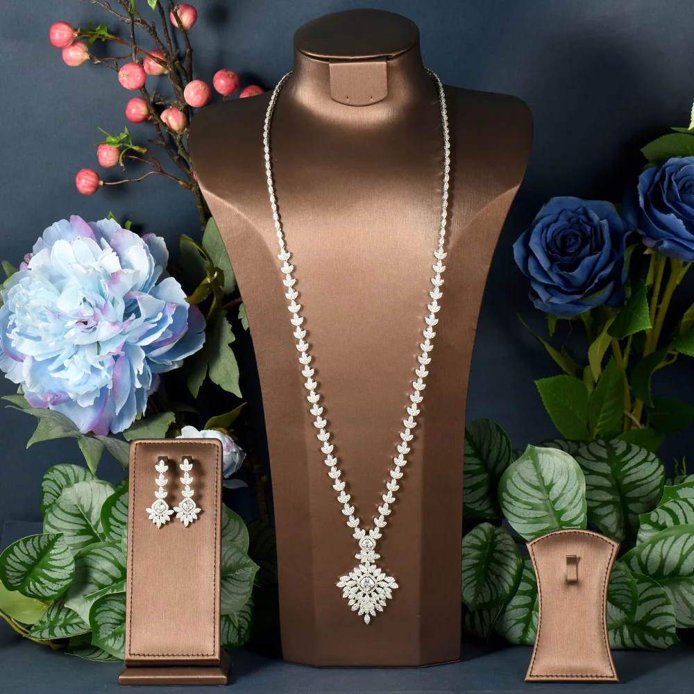 

HIBRIDE Long Necklace Sets For Women Leaf Cubic Zirconia Jewellery Set Dubai Saudi Party Engagement Accessories Bijoux N-362