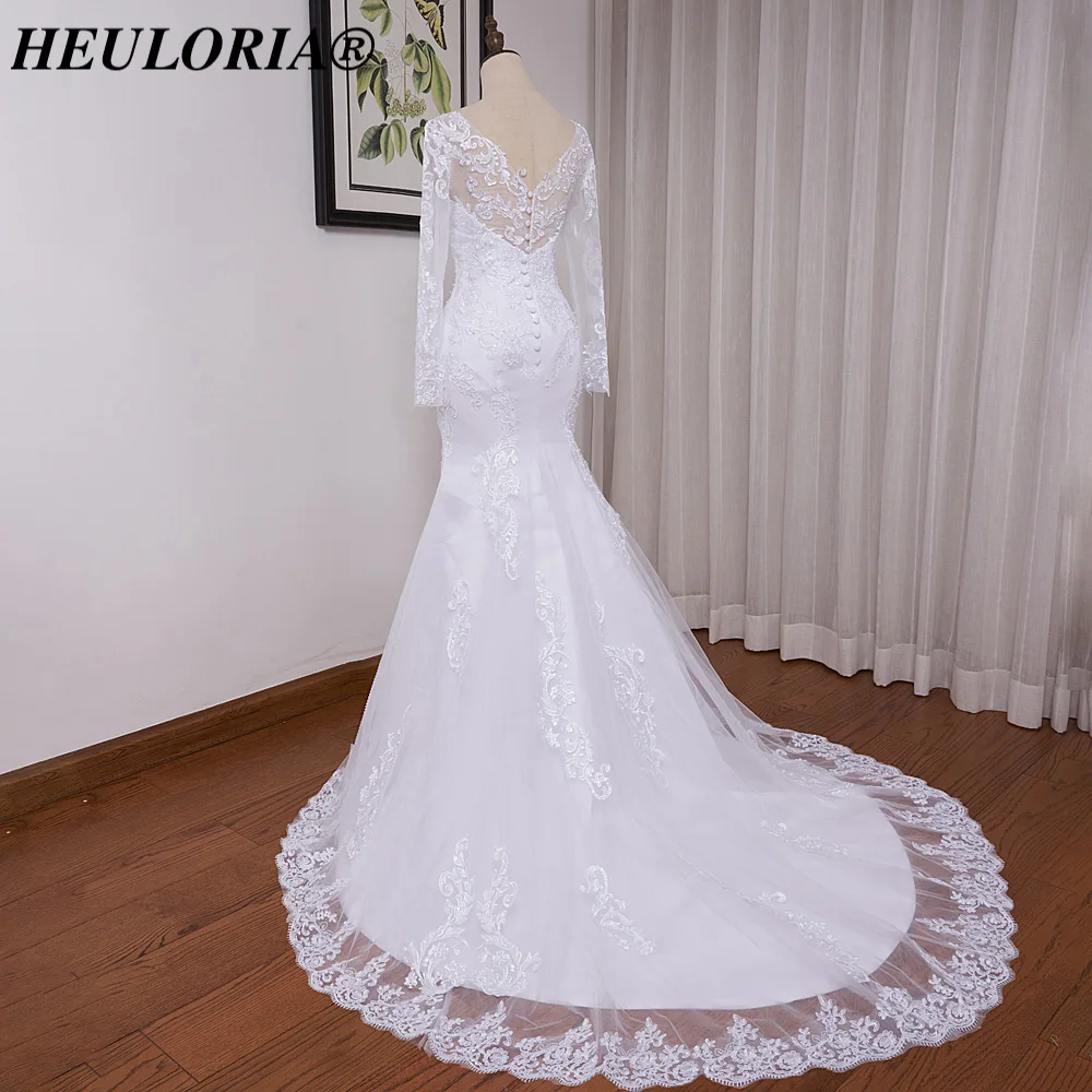 HEULORIA Mermaid Wedding Dresses long Sleeve sweetheart lace applique beading Bride Dress Robe de mariage customize