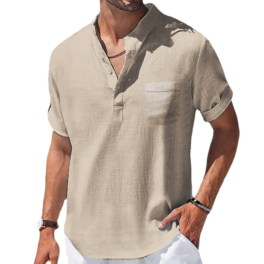 T-shirt à manches courtes en coton et lin pour hommes, col Henry, chemises décontractées, vêtements pour hommes, été, nouveau