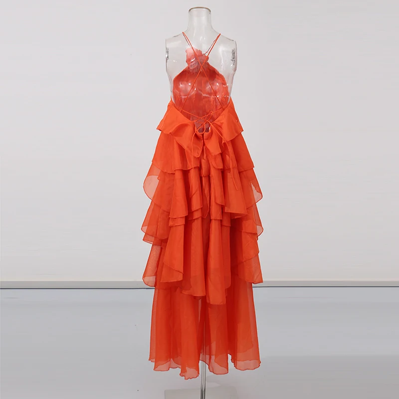 Elegant Halter Dress - Solid Ruffled Backless Sleeveless Fashion for Women