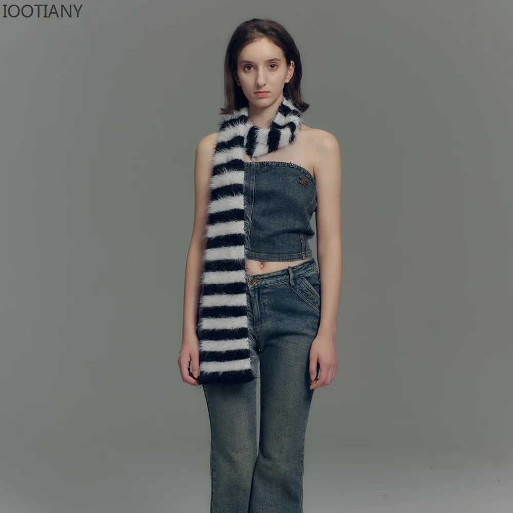 IOOTIANY 여성용 따뜻한 좁은 긴 스카프, 블랙 앤 화이트 스트라이프 니트 양모 스카프, Xiu 롱 울 밍크 숄, 겨울 신상