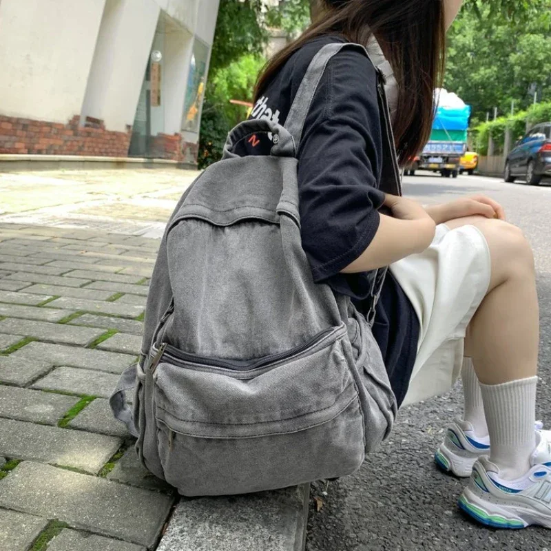 New Gray Denim Backpack Women's Leisure Travel Outing Shoulder Bag Female Fashion Schoolbags Suitable For Boys And Girls Mochila
