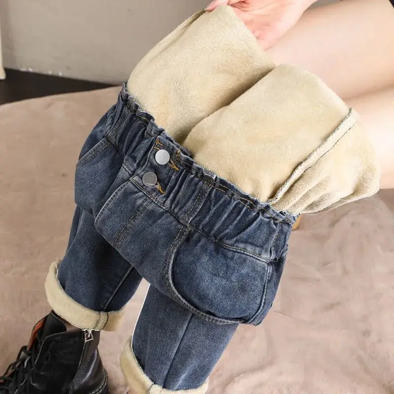 Autumn Winter Plus Velvet High Waist Solid Jeans Women Chic Elegant Fashion Harajuku Trousers Loose Casual All Match Harem Pant