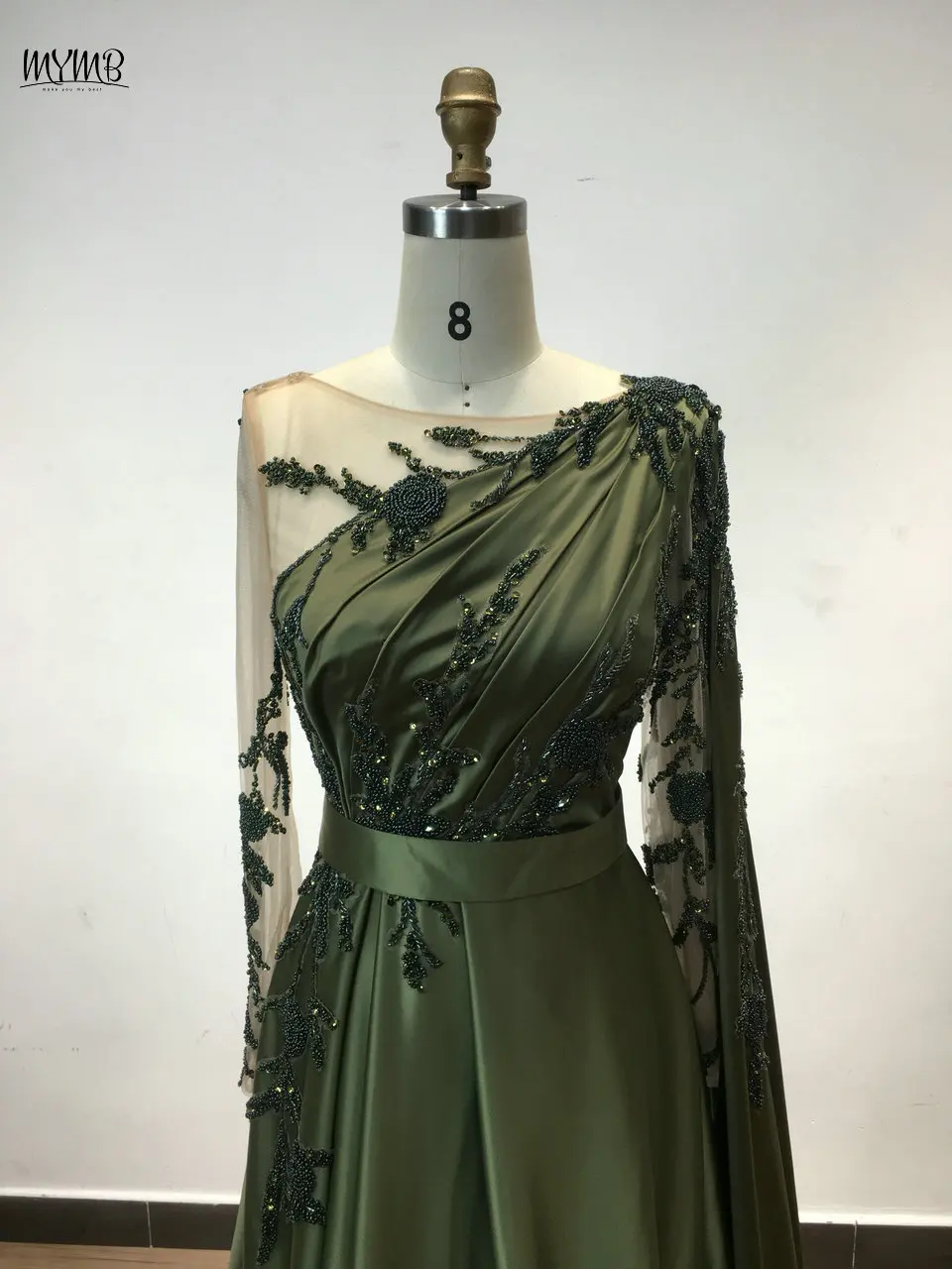 Mymb dubai olivgrün U-Ausschnitt A-Linie Satin Abendkleider für besondere Ereignisse muslimische elegante Cape Ärmel Perlen Party kleider – Detail 7