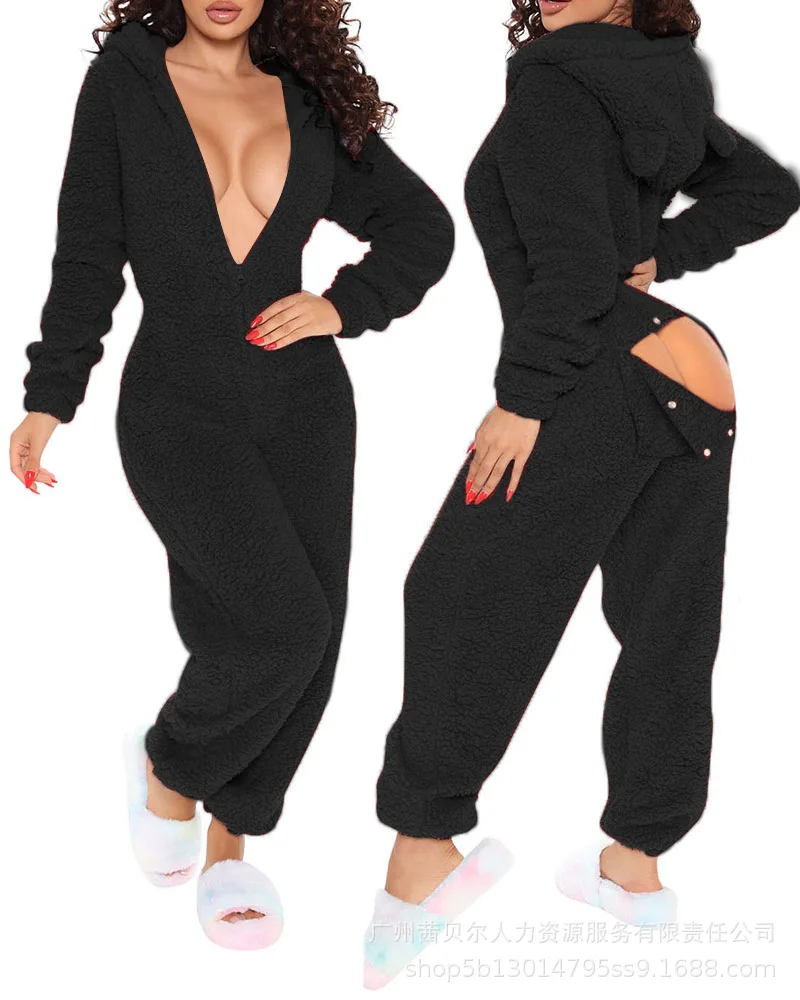 Pink Pajamas Casual Solid Hooded Sets Winter Women Jumpsuits Simple Plush Ladies Sleep Clothes Autumn Wholesale Drop Shipping