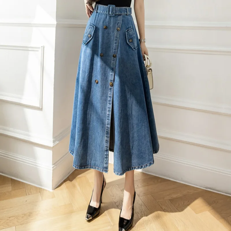 Elegant Women Denim Skirt Blue High Waist Buttons Split A-Line Jean Skirt Fashion Ladies Versatile Mid-Length Skirt