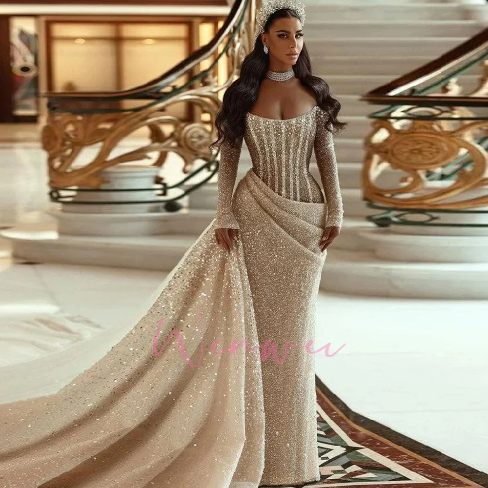 Customized Bridal Gown Glamorous Mermaid Wedding Dresses Bateau Long Sleeves Pleats Floor Length Backless Detachable Train 4 Customized Bridal Gown Glamorous Mermaid Wedding Dresses Bateau Long Sleeves Pleats Floor Length Backless Detachable Train - Image 4