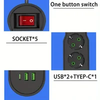 EU Plug Power Strip 2/3/4/5 Outlet Multitap Extension 10A with 2 USB 1 Type-C Ports 2m Cord Electrical Socket 2500W - Image 6