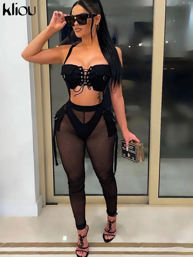 Kliou Sexy Seductive Two Piece Set Women Skinny Ribbons Lace Up Crop Tops+ Mesh Patchwork See Through Pants Matching Clubwear