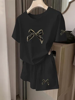French Retro Style Exquisite Gold-Edged Bow Print Short-Sleeve Set for Women, Loose and Slimming, Elegant and Casual Fashion Versatile T-Shirt and Shorts Two-Piece Set, Daily Date Outfit, Women's Clothing 1