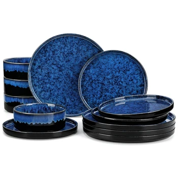 vancasso 12/24 pezzi set da tvancasso avola nero blu smalto reattivo bordo verticale set di stoviglie con piatto da pranzo 4 pezzi/Dessert/ciotola 1