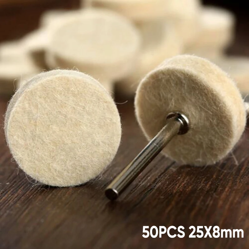 

50x 25mm Wool Felt Polishing Buffing Pad Round Wheel+2x Mandrel Shank Metal Surface For Dremel Rotary Tools Accessories