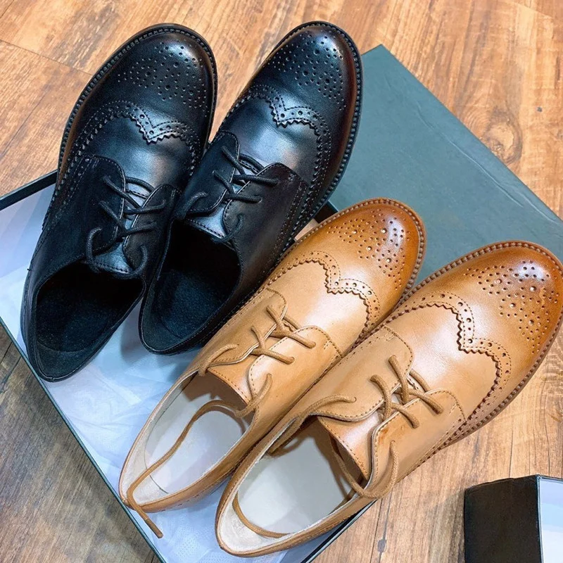 

The new block carved lace up women's shoes feature calf leather and a stacked low heel embossed design, which is a unique style