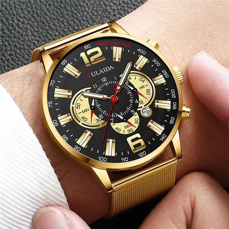 Men's Fashion Business Calendar Watches Luxury Stainless Steel Mesh Belt Analog Quartz Watch Business Luminous Wristwatch Clock