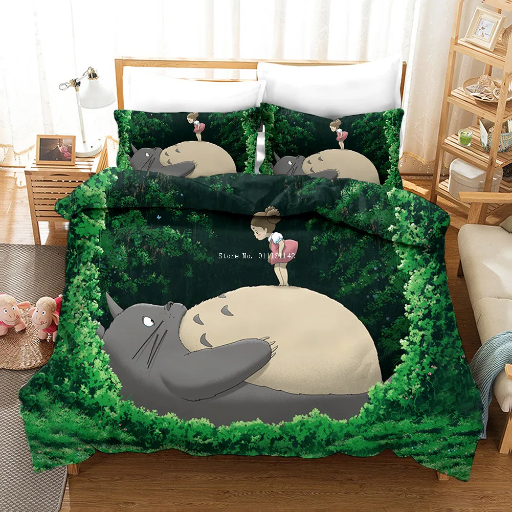 

Anime Movie 3D Cartoon Printed Down Couple Bed Quilt Double Duvet Cover Pillowcase Cute Totoro Double Queen Bedding Set