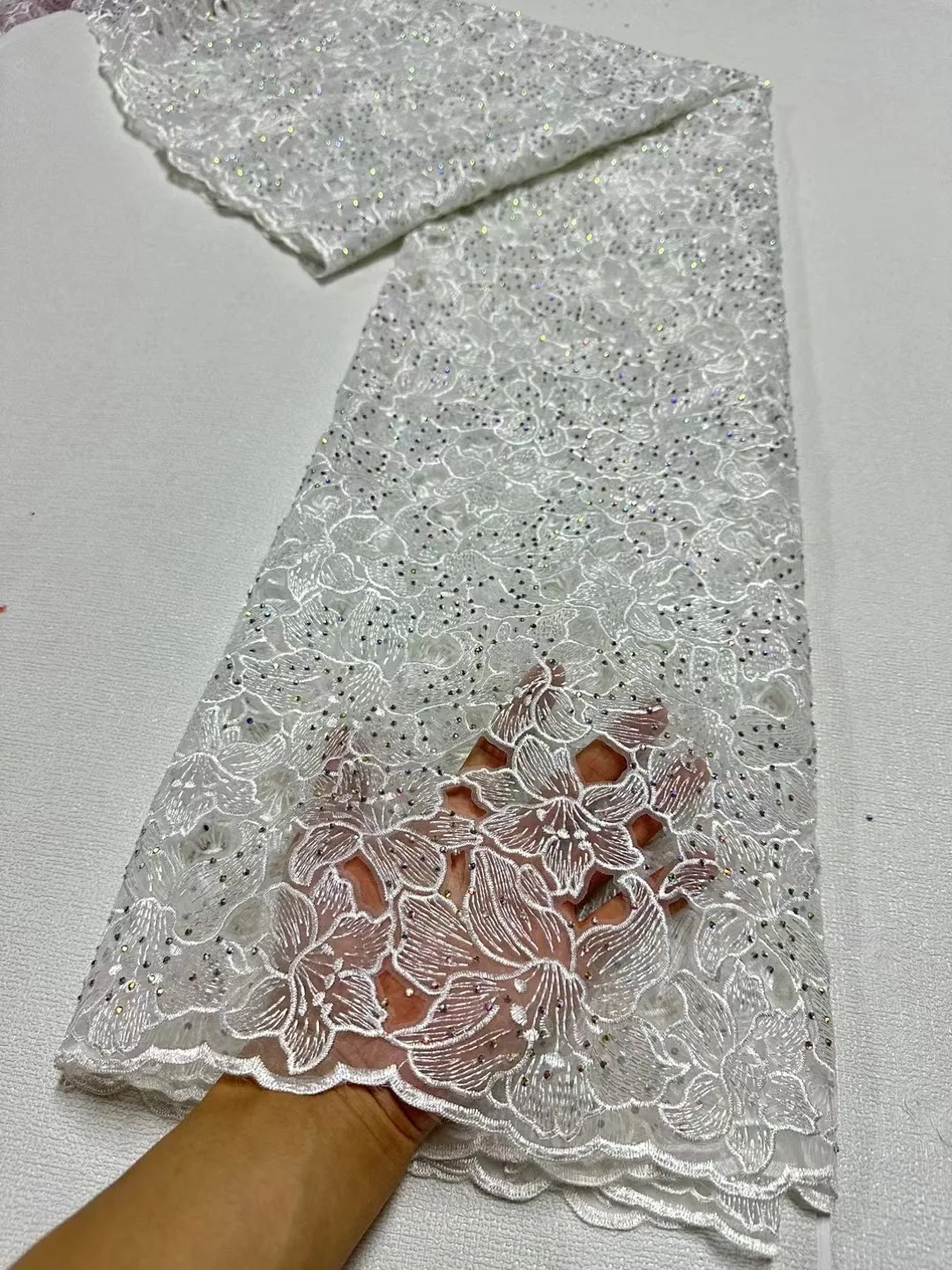 2024 High Quality African Nigerian Cotton Lace Fabric with Stone Wedding Party Dress Sequins for Sewing Embroidery 5Yards JL397