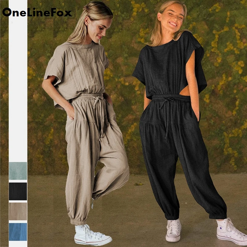 

Женский комбинезон на завязках OneLineFox, летний Свободный комбинезон в стиле Харлан, с разрезом, на пуговицах, с высокой талией и длинными брюками, Цельный Наряд, сексуальный женский комбинезон