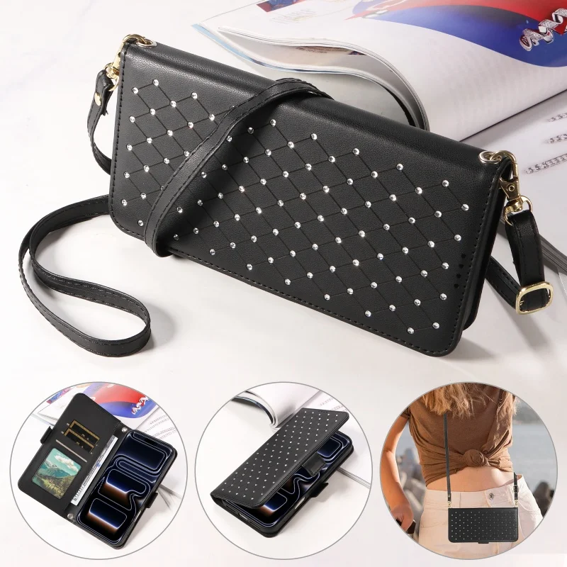 Sparkling Fragrance Leather Wallet Phone Case with Lanyard and Card Holder