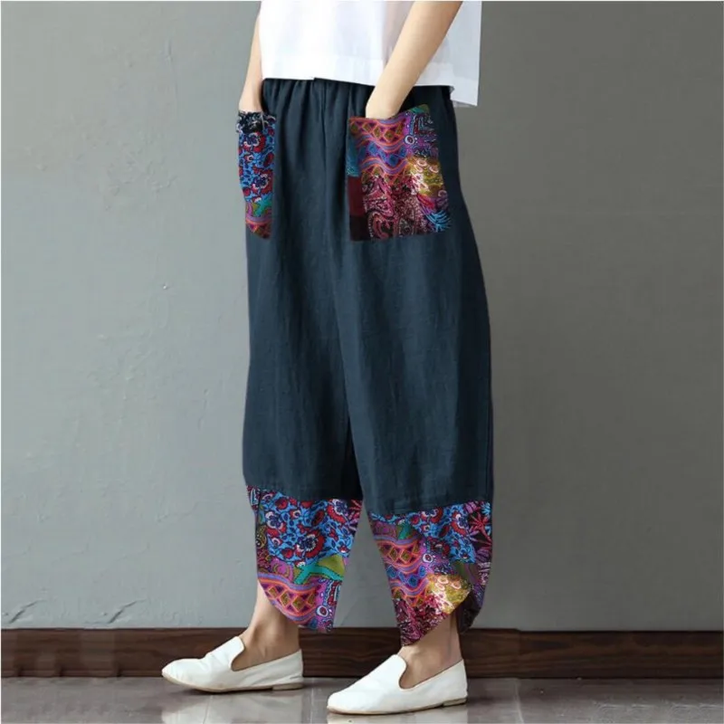 

Comfortable Pocket Straight Tube Casual 2023 Spring/summer Printed Patchwork Cotton Linen Women's Wide Leg Loose Pants